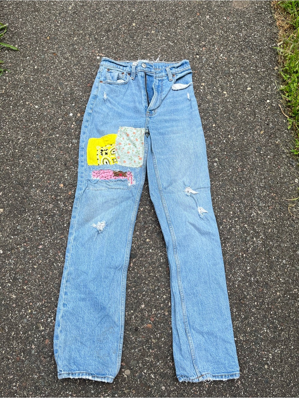 Abercrombie & Fitch Light Blue Straight Leg Jeans with Colorful Patchwork